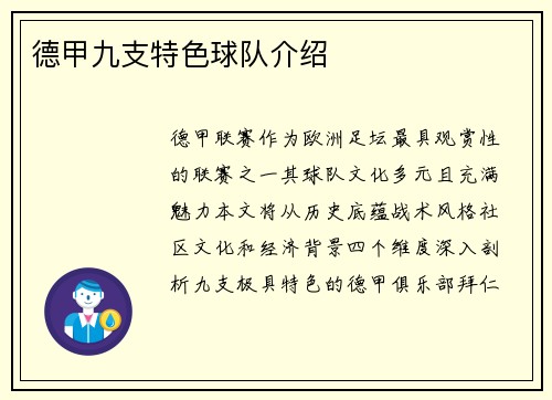 德甲九支特色球队介绍