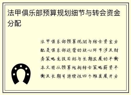 法甲俱乐部预算规划细节与转会资金分配